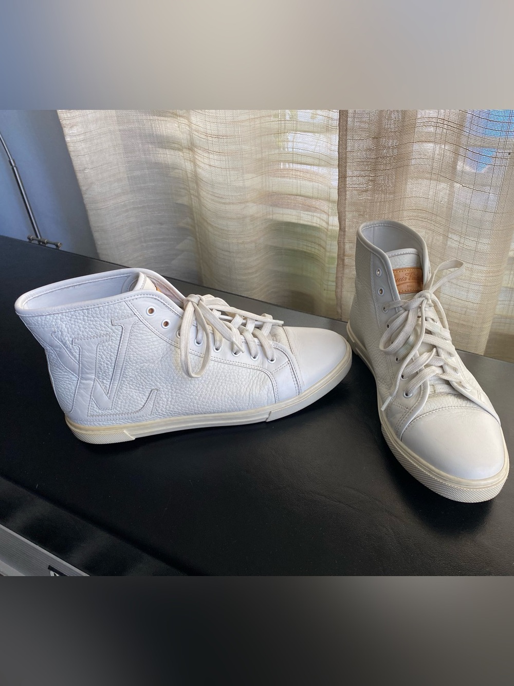 Louis Vuitton Cream White High-Top Leather Sneakers 37 Laced Rubber Shoes Italy